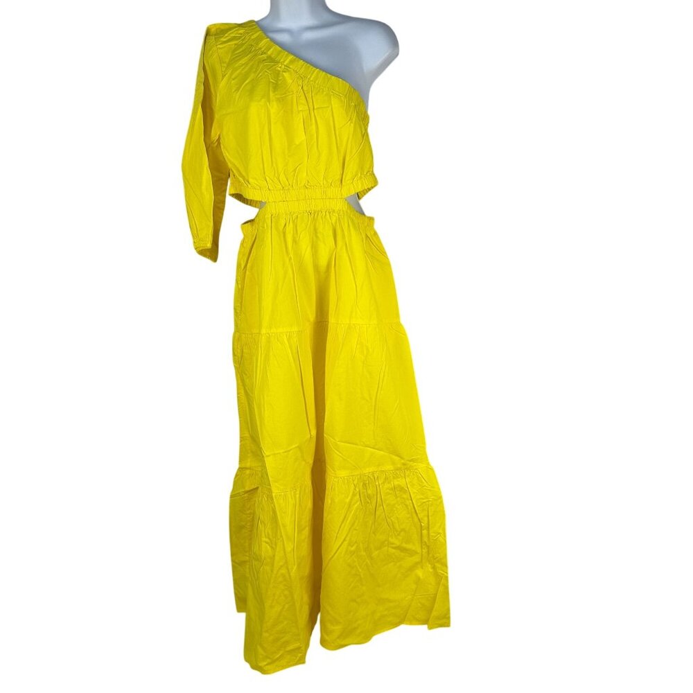 The Drop April Tiered Midi One-Shoulder Yellow Dress Size M Elastic Waist Women